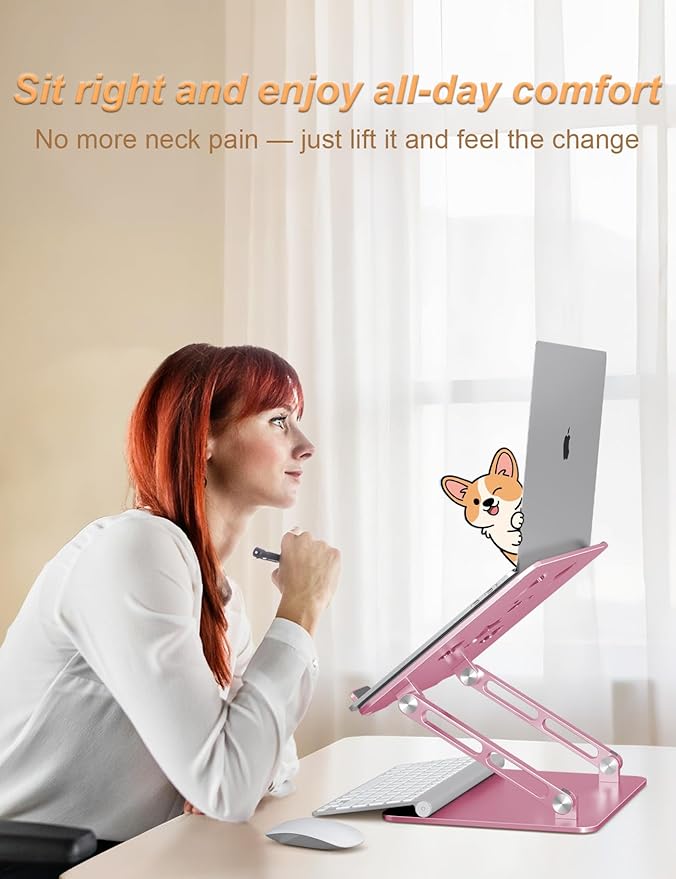 Laptop Stand for Desk-Adjustable, Foldable, Portable, Ergonomic Aluminum Notebook Riser with Unique Puppy Cooling Vent, Desk Gift for 10-17.3" Devices Mac, Dell, HP, Lenovo, Samsung, Rose Gold