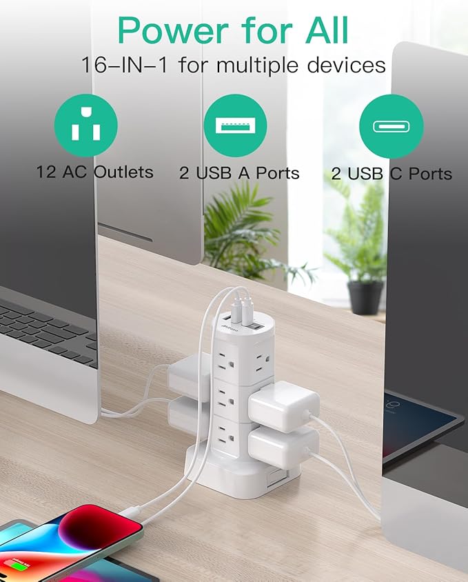 Surge Protector Power Strip Tower, 10FT Extension Cord with Multiple Outlets(12 AC Outlets), Surge Protector with USB Ports, Charging Station for Multiple Devices, Office Supplies, Dorm Essentials