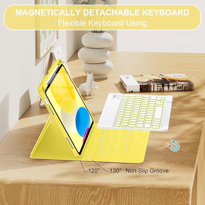 Soke for iPad (A16) 11th/10th Generation Case with Keyboard(2025/2022)-7 Color Backlight Wireless Detachable Folio Keyboard Cover with Built-in Pencil Holder for iPad 11/10.9 inch, Yellow Marble