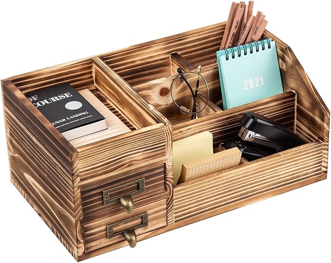 Distressed Rustic Wooden Office Desktop Drawers Organizer Wood Shelf Tabletop Home Organizer Storage with Multiple Compartments,perfect Jewelry storage Display Box for Desk, Vanity (Dark Brown)