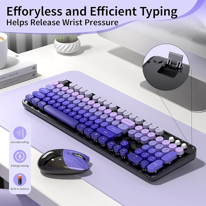 Wireless Keyboard and Mouse, 104 Round Keycaps Retro Typewriter with OTG & Brush, Full-Size Ergonomic, Ideal for Windows PC, Home, Office and College Purple Pink