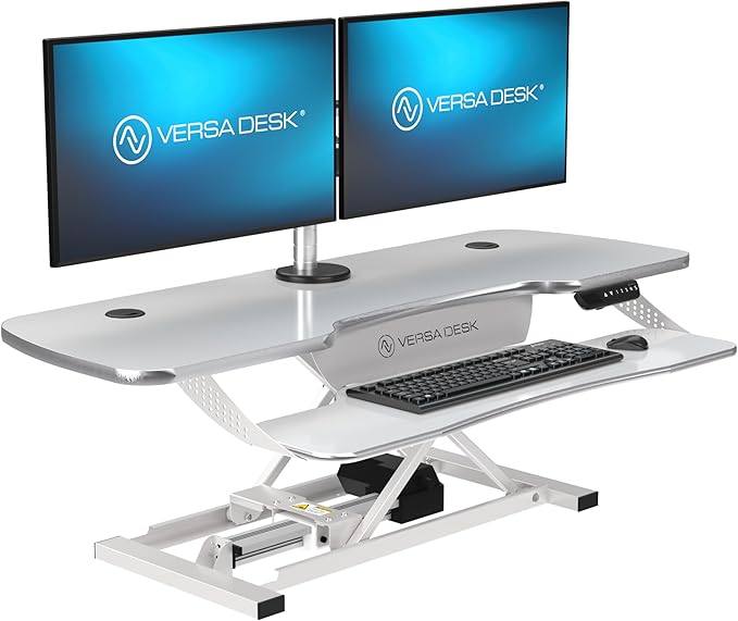 VERSADESK® PowerPro™ Elite 48” x 24" – App Controlled X-Large Electric Standing Desk Converter w/USB Charging Port. Raises up to 20”. Fully Assembled – Includes LED Lights. Supports 80 lbs. – White