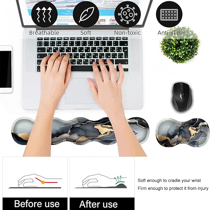 Keyboard Wrist Rest and Mouse Pad Wrist Support Set,Ergonomic Memory Foam Wrist Pad & Non Slip Base for Home Office Working Studying Easy Typing,Black Gold Marble