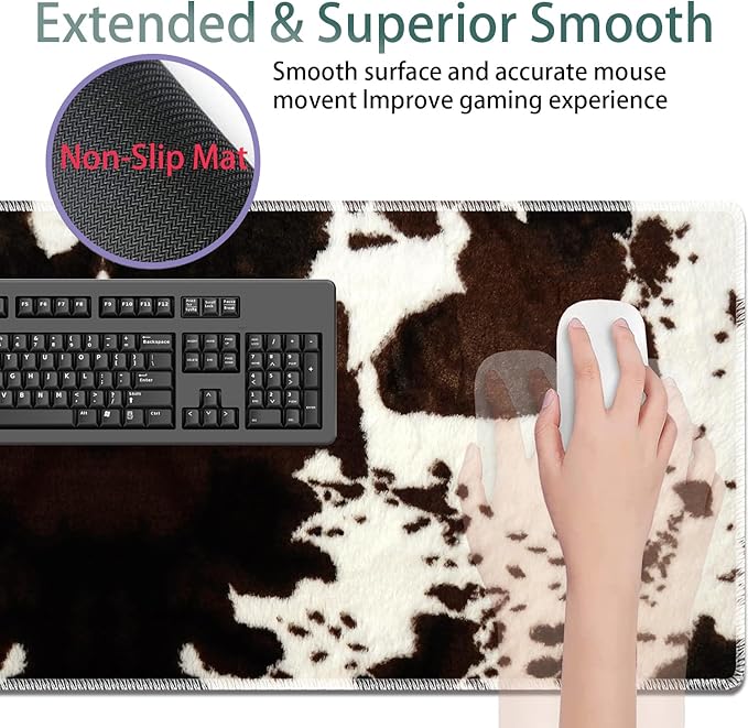 Large Gaming Mouse Pad + Keyboard Wrist Rest + Wrist Support + Coaster Set, Memory Foam Ergonomic for Easy Typing, XXL Extended Gaming Mouse Pad Table Pad - Cow Hide Print