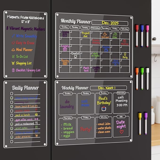 Grtard Acrylic Fridge Calendar Dry Erase Board for Fridge, 4 Pack Acrylic Calendar for Fridge Calendar Magnet, Clear Magnetic Planner Whiteboard for Refrigerator with 8 Colorful Markers