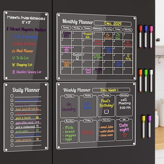 Grtard Acrylic Fridge Calendar Dry Erase Board for Fridge, 4 Pack Acrylic Calendar for Fridge Calendar Magnet, Clear Magnetic Planner Whiteboard for Refrigerator with 8 Colorful Markers