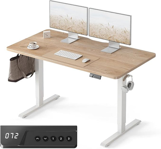 FEZIBO 55 x 24 Inchs Electric Standing Desk, Height Adjustable, Sit Stand Up, Computer Office Desk with Splice Board, White Frame/Maple Top