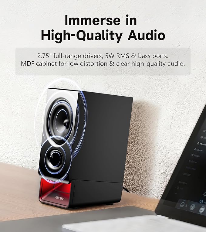 Edifier R20BT Computer Speakers, 2.75" Full-Range Drivers, Bluetooth 6.0, Touch Controls, AUX & USB-C Inputs, Headphone Jack, Custom Ambient Light & Sound Profiles via APP - Black