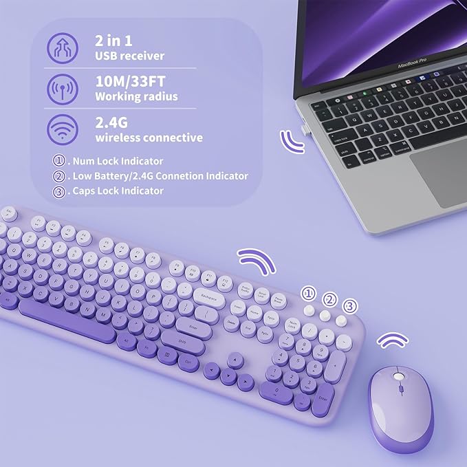 Wireless Keyboard and Mouse Combo, 2.4GHZ Typewriter Retro Full Size Keyboards, Cute Colorful Computer Keyboard and Wireless Mouse for Laptop/Desktop/Windows/PC (Purple Gradient)