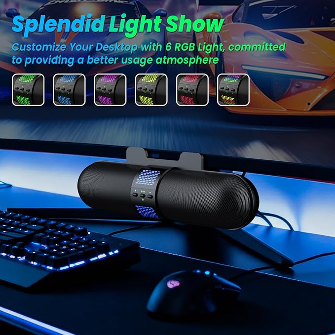 BESTISAN Computer Speaker, Bluetooth 5.3/Wired USB A/C Connection, 6 RGB Light Modes, Gaming Soundbar for PC/Laptop/Desktop, USB A/C Adapter, Loud Sound, Easily Clamps to Monitor, Convenient Controls