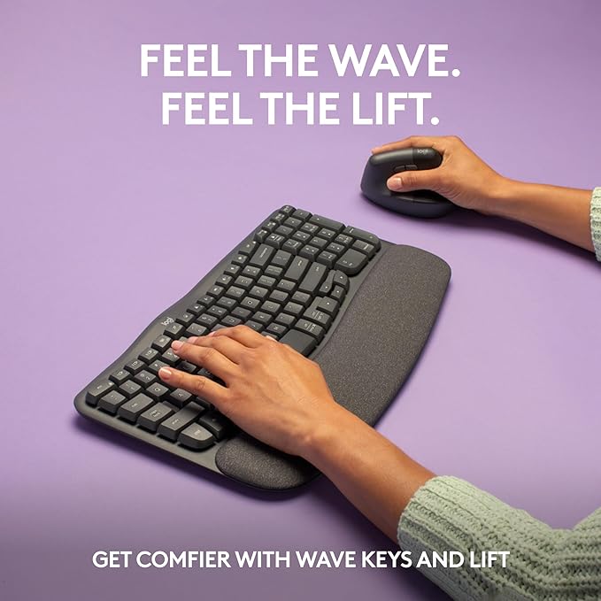 Logitech Wave Keys & Lift Vertical Mouse - Ergonomic Bundle — Wireless Keyboard with Cushioned Palm Rest & Vertical Wireless Mouse - Easy-Switch, Bluetooth, for Multi-OS, Windows/Mac - Graphite