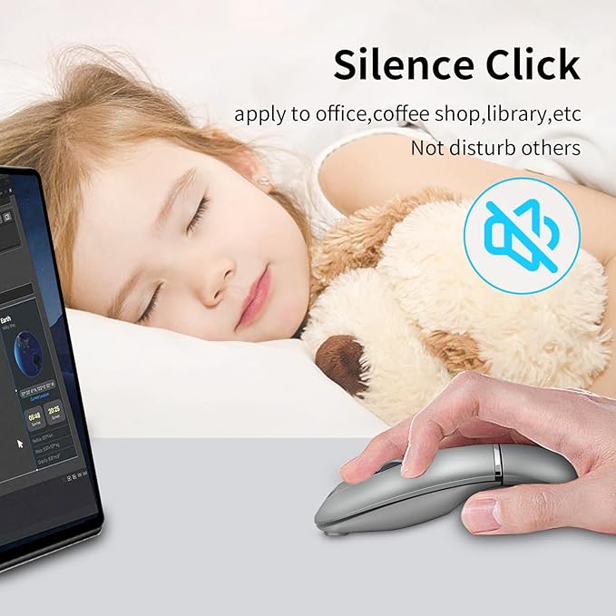 Bluetooth Arc Mouse Wireless Silent Travel Mouse Rechargeable with BT & 2.4G Dual Mode, 1000/1600/2400 DPI, Slim Rotatable Portable Mobile Mice, USB Optical Computer Mice for PC Laptop Tablet -Silver