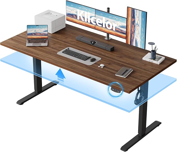 Klicelor 60 Inch Large Electric Standing Desk, Height Adjustable Office Desk, Sit Stand Up Computer Gaming Desk with Memory Preset, Two-Piece Desktop, Dark Walnut