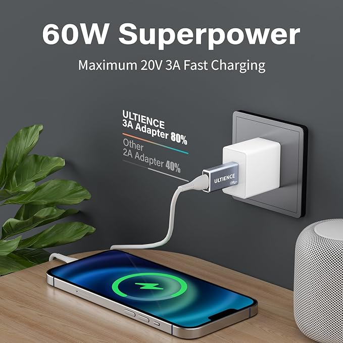 10Gbps Double Sided USB to USB C Adapter, Type C Female to USB 3.2 Male Adapter - 60W Fast Charging for iPhone 16 15 14 Plus Pro Max, Laptop, Samsung Galaxy S24 23, Car