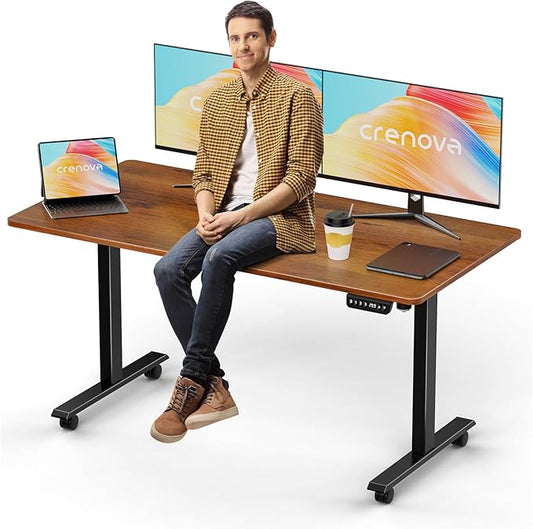 Crenova Electric Standing Desk Adjustable - 55 x 28 Inches Computer Home Office Stand Up Desk, Whole-Piece Sit Stand Studying Gaming Table(Vintage Brown)