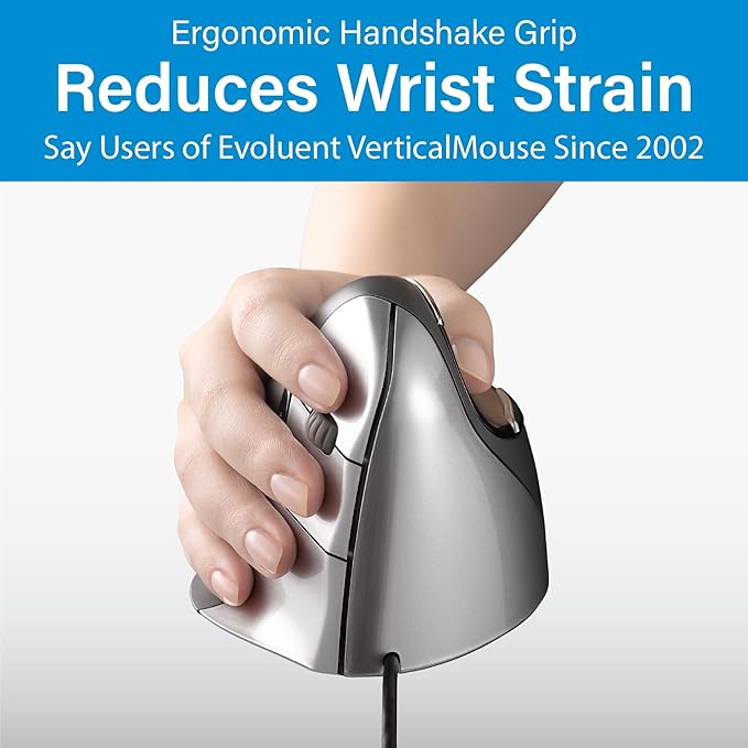 Evoluent – World's Original Vertical Mouse, Wired Ergonomic Mouse for Right Hand, Medium to Large, Helps with Carpal Tunnel and Wrist Strain, Customizable 6 Buttons, 4 Speed Settings, Comfortable Grip