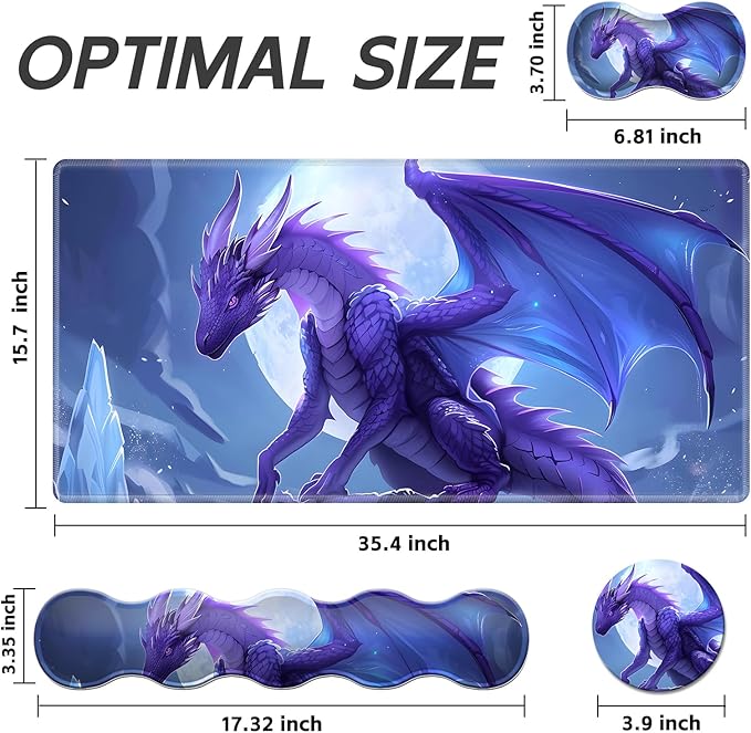 Gaming Mouse Pad Set, Majestic Purple Dragon Large Desk Mat Mousepad, Keyboard Wrist Support, Mouse Wrist Rest, Coaster 4in1 Ergonomic Memory Foam, Non-Slip Stitched Edge for Home Office