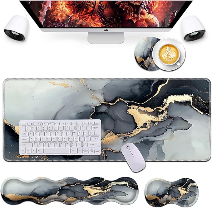Keyboard Wrist Rest and Mouse Pad Wrist Support Set,Ergonomic Memory Foam Wrist Pad & Non Slip Base for Home Office Working Studying Easy Typing,Black Gold Marble