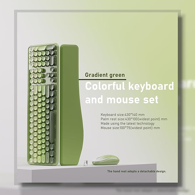 UBOTIE Wireless Keyboard and Mouse Combo with Phone Holder and Wrist Rest, Round Colorful Keys, Power Switches, 2.4GHz USB Receiver, Full-Size QWERTY Layout for PC Laptop（Green