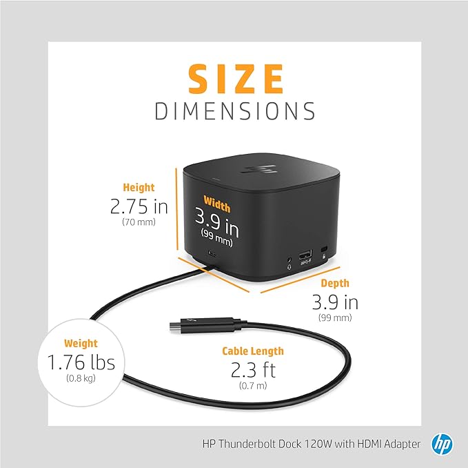 HP Thunderbolt Dock 120W with HDMI Adapter, Universal USB-C Docking Station, One Cable, Multiple Connections, with a Single USB-C™ Cable Connection to Any Brand Laptop (6HP48AA#ABL)