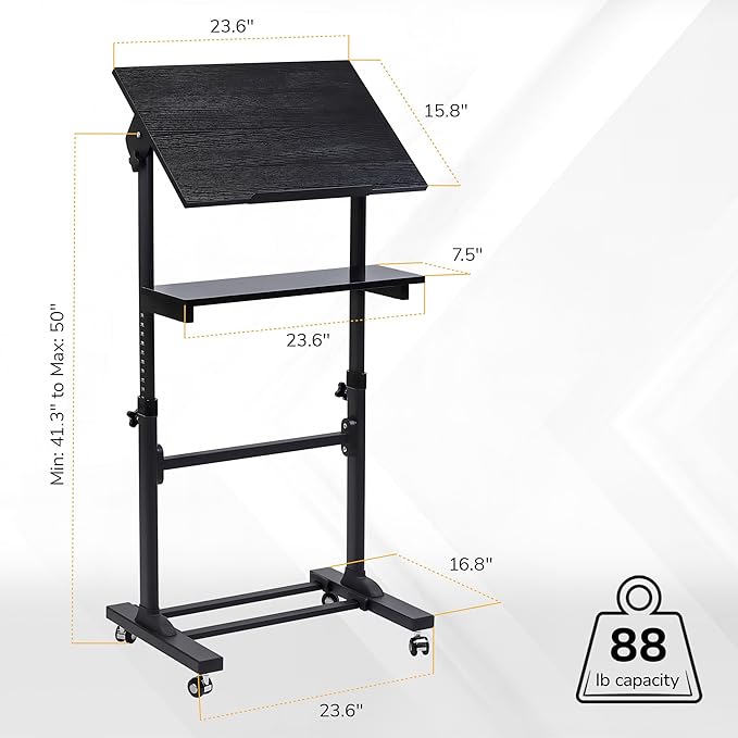 Mount-It! Portable Standing Desk with Wheels, Rolling Mobile Laptop Desk, Height Adjustable Sit Stand Workstation (41.3″–50″), Small Compact Mobile Lectern Podium for Home Office, Classroom & Training