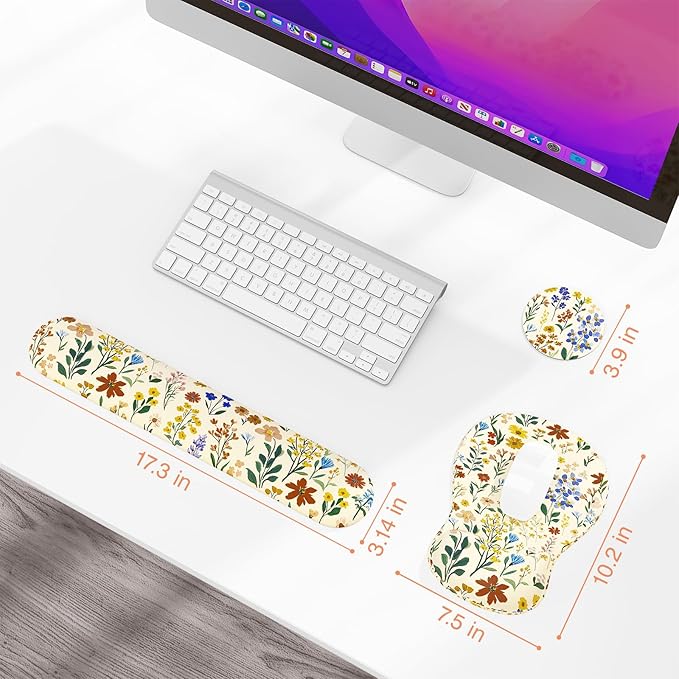 Ospelelf Keyboard Wrist Rest Set with Ergonomic Mouse Pad - 3-in-1 Memory Foam Support for Pain Relief, Office & Gaming with Coaster Yellow Floral