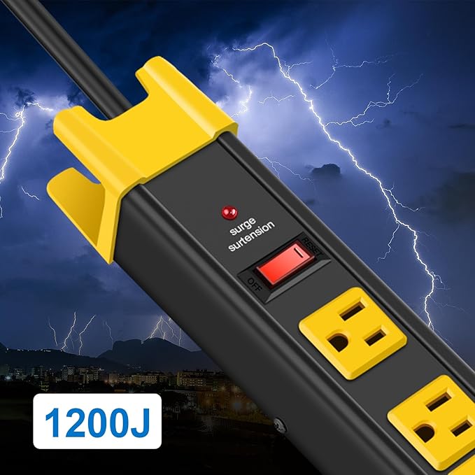 CCCEI Heavy Duty Power Strip Surge Protector - 6 Outlet Industrial Strip with 15A, 1200 Joules - ETL Listed Metal for Shop, Workshop, Garden (25FT, Black)
