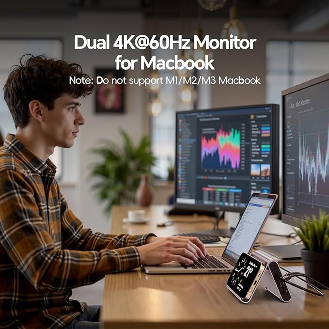 MacBook Pro Docking Station Dual Monitor 4K@60Hz for MacBook Pro/Air M3 Pro/M4/M5, PULWTOP USB C Docking Station Stand Laptop Dock with 2 HDMI, PD, Ethernet, USB A/C 10Gbps, Audio, SD/TF, USB 2.0