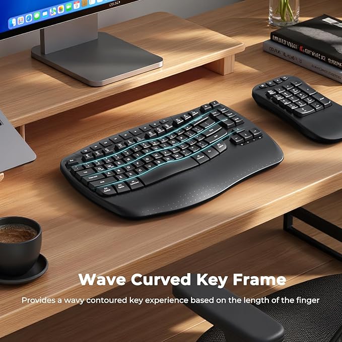 MEETION Ergonomic Keyboard with Separate Numeric Keypad, Wave Wireless Flexible 2-in-1 Setup for Multi-Device, 2.4G/Bluetooth Split Design with Wrist Rest for Accountants/Data Entry/Left-Handed