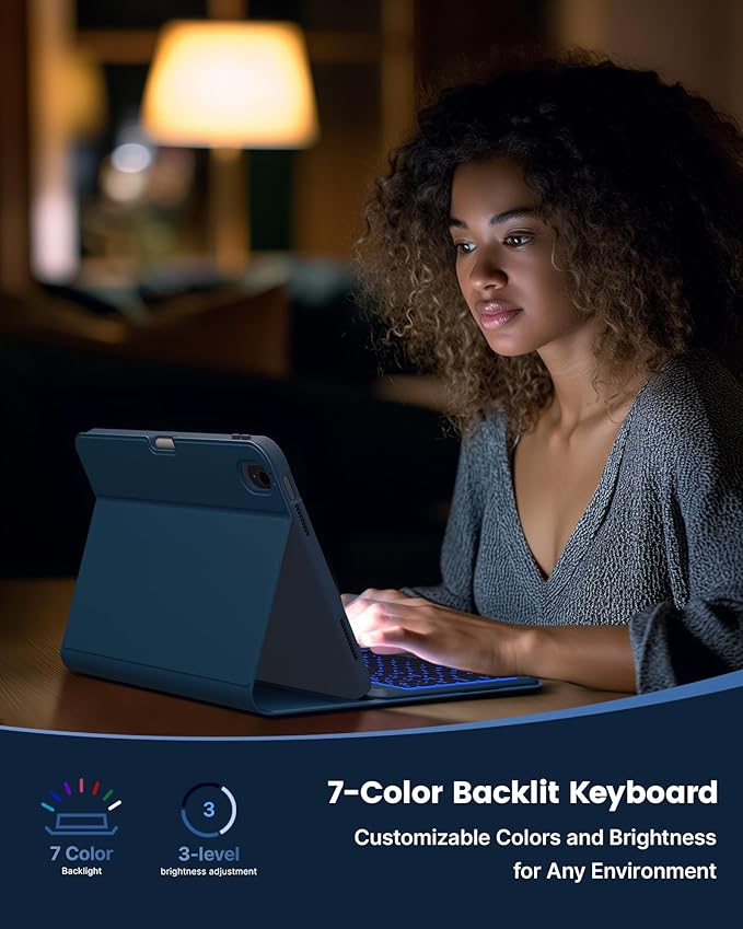 typecase Folio iPad 11th/10th Gen Keyboard Case (11" A16 2025 & 10.9" 2022) – Magnetic Wireless Detachable Keyboard, 7-Color Backlight, Thin & Light, Pencil Holder – Marine Blue