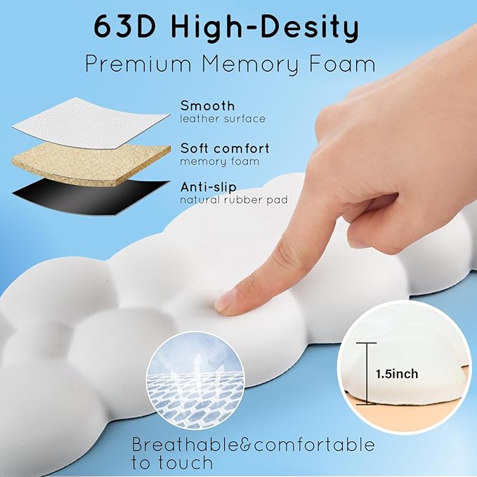 Cloud Wrist Rest for Computer Keyboard Arm Wrist Rest with Non-Slip Base Extended Rest Ergonomic Memory Foam for Keyboard and Mouse Typing Pain Relief, Office, Gaming, Computer