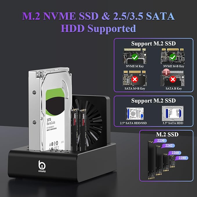 M.2 NVMe & SATA Hard Drive Docking Station, USB C 10Gbps Hard Drive cloner for M.2 PCIe NVMe + SATA 2.5”/3.5” HDD Converter, Offline Cloning, Tool-Free, Cooling Fan