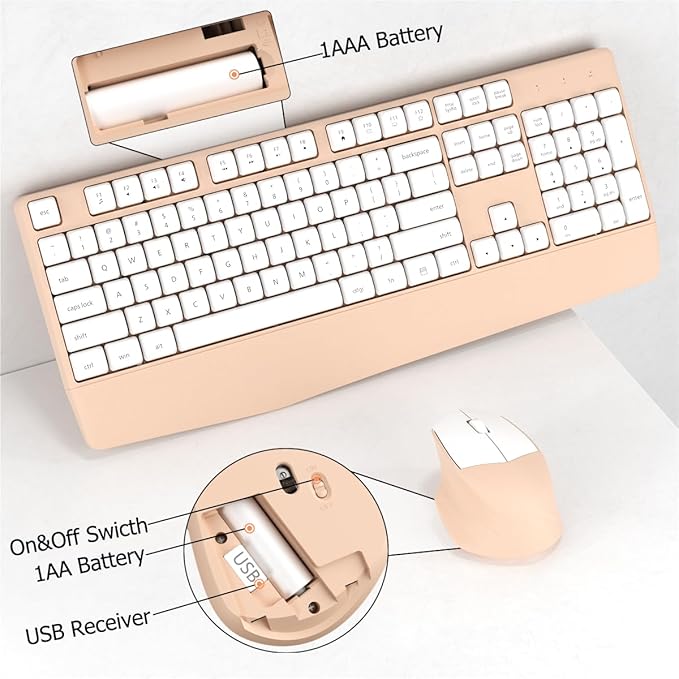 Wireless Keyboard and Mouse Combo, Ergonomic Keyboard with Wrist Rest, 2.4Ghz Wireless Connection, Compatible with PC/Laptop/Windows/Mac for Home and Office Use (White Milk Tea)
