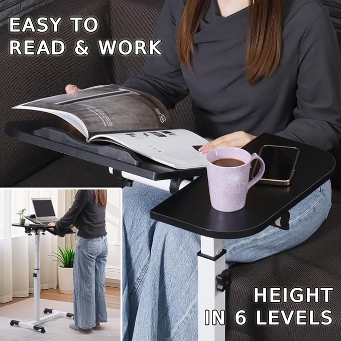 Japard Portable Computer Desk with Wheels, Mobile Laptop Stand, Rolling TV Tray Table, Computer Desk, 360° Rotatable Overbed, Home Office, Black White