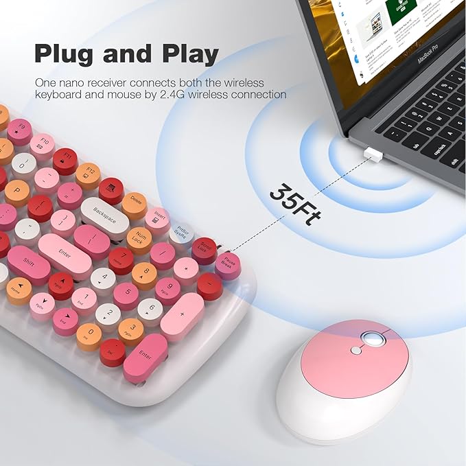 MOFII Wireless Keyboard and Mouse Combo, Full-Size Retro Typewriter-Style Wireless Keyboard with Optical Mouse for Computer/Laptop/Windows/Mac (White Colorful)
