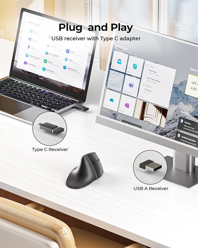 seenda Ergonomic Mouse Rechargeable, Multi-Device Connection（2.4G&Type C, Vertical Wireless Mouse with Instant Desktop Return Key, Palm Rest, Anti-Slip Optical Mice for Mac OS, Windows, Black