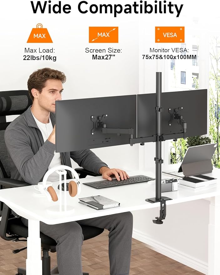 Bracwiser Dual Fully Adjustable Monitor Arm Stand Mount 31.5 Inch Tall Pole Fits Two Screen 13-27 inch 22lbs for Monitor Computer Screen 13 15 17 19 20 22 23 24 26 27 inch VESA 75 100 (MD7842)