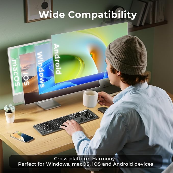seenda Wireless Bluetooth Keyboard and Mouse Combo, COE202 Round Cute Keycaps, 3 Multi-Device Connection, Full Size Wireless Keyboard Compatible for PC/Laptop/Mac/MacBook/iPad/Tablet, Black