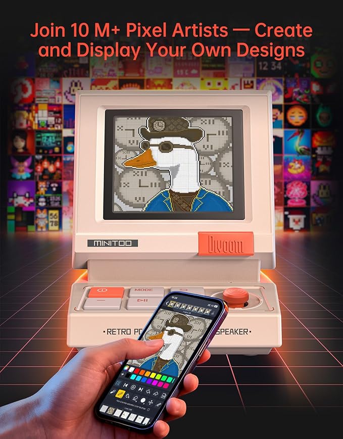Divoom MiniToo Retro PC-Style Computer Speaker, Smart Pixel Screen with DIY Faces, Bluetooth & USB Audio, Alarm/White Noise Clock, Desk Setup Gift for Bedroom, Office & Gaming