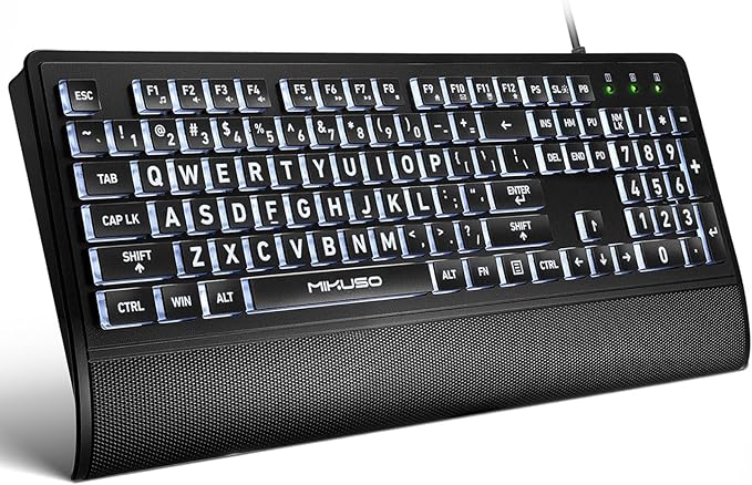 Large Print Keyboard for Seniors,Visually Impaired-High Contrast Black Keys,White Backlit with Cover,Wired USB 104 Full Size-Easy to Read Big Letters for Macular Degeneration Low Vision (No Glare)
