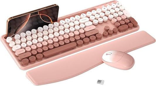 Colorful Wireless Computer Keyboard and Mouse Combo with Phone Holder, Wrist Rest, Typewriter Keys, 2.4GHz Wireless, Full-Sized Optical Mouse for PC and Laptop(Peach Colorful)