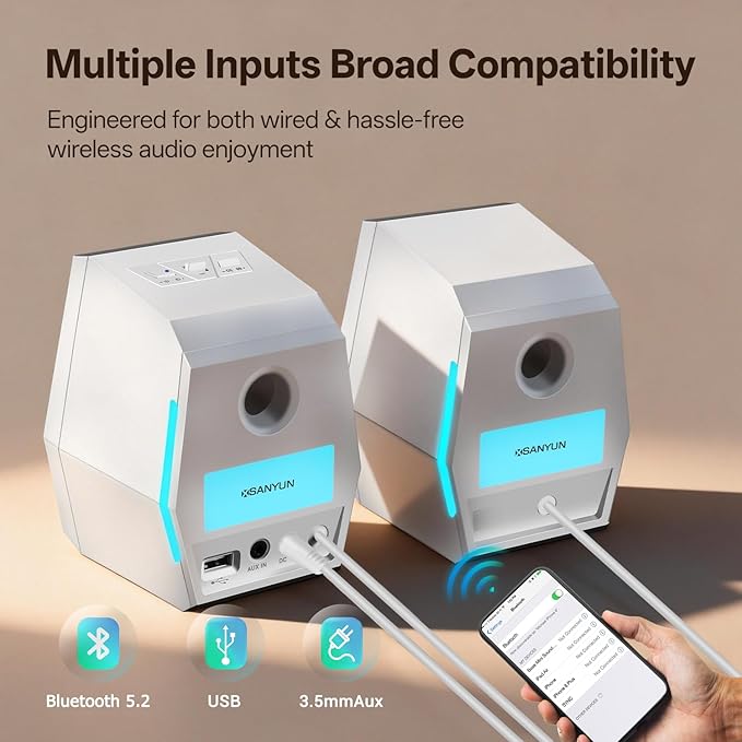 Sanyun SW209 36W Immersive Gaming Speakers with DSP 3 Sound Modes, 24bit USB DAC & Bluetooth 5.2, 2.0 RGB PC Multimedia Speakers for Desktop Monitor Laptop (Game/Movie/Music, White)