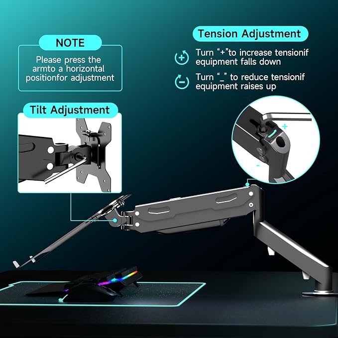Pholiten Laptop Desk Mount with Gas Spring Arm, 2 in 1 Monitor Laptop Stand for 12-17 inch Notebook and 13-32 inch Computer Screen,Holds 22lbs. Full Motion Monitor Laptop Stand Mount with Vented Tray