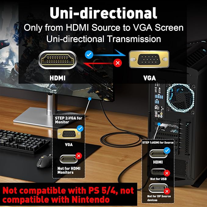 HDMI to VGA Cable Adapter 6FT (Anti-Interference Gold-Plated Plugs) Uni-Directional Only, 1080p@60Hz HDMI (Source) to VGA (Display) Braided Cord for PC,Laptop,Xbox,Graphics Card