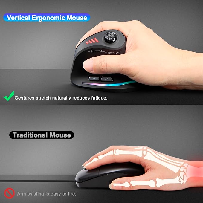 TRELC Wireless Gaming Mouse with 5 D Rocker, 24000 DPI/11 Programmable Buttons, Ergonomic Mouse for 2 Devices Connection (BT+2.4GHz), Vertical Rechargeable Mice for PC/Laptop/E-Sports/Gamer (Black)