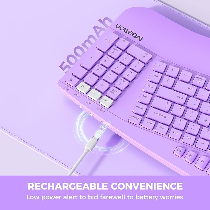 MEETION Ergonomic Keyboard Wireless, Multi-Device Bluetooth Keyboard, Full-Sized Rechargeable Split Computer Keyboards, Wrist Rest for Natural Typing, for Windows/Mac/Laptop/Table/PC, Purple