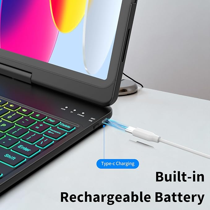 Touch Keyboard Case for iPad A16 11th Generation 2025/10th Generation 10.9 inch 2022,360° Rotatable for iPad 11th Generation Case with Keyboard- 10 Color Backlight Keyboard Case with Pencil Holder