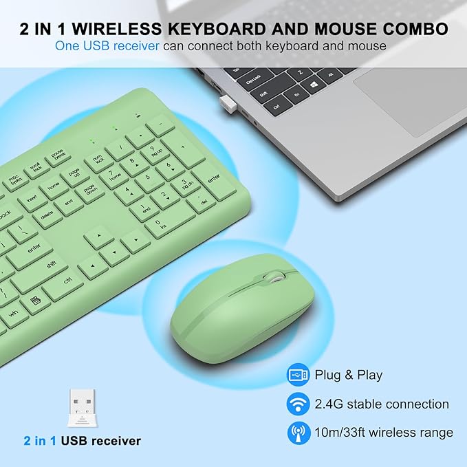 Wireless Keyboard and Mouse Combo, Full-Size Silent Ergonomic Keyboard and Optical Mouse, Long Battery Life, 2.4G Lag-Free Mice Keyboard for Computer,Mac,Laptop,PC,Windows(Avocado Green)