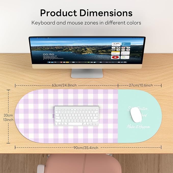 Checkered Pattern Desk Pad Protector, 35.5 x 13'' Aesthetic Mouse Mat for Desktop, Waterproof PU Leathe Non-Slip Desk Writing Pad for Office and Home, Purple and Blue