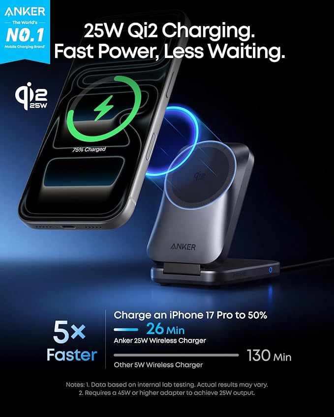 Anker Prime 3-in-1 Wireless Charging Station, MagSafe Charger Stand Compatible, Qi2 25W Certified Palm-Sized Foldable Charger for iPhone 17/16, Apple Watch, AirPods (Non-Battery, Adapter Included)